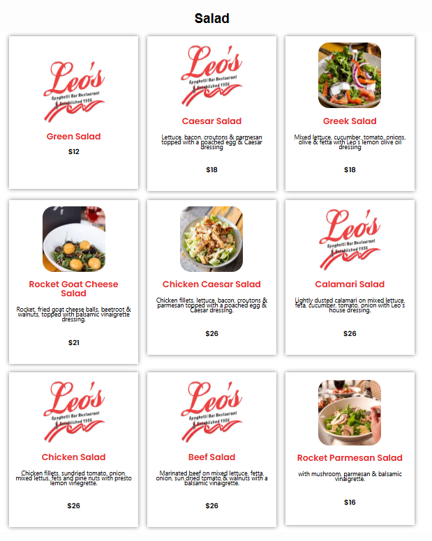 Menu, Leo's Spaghetti Bar