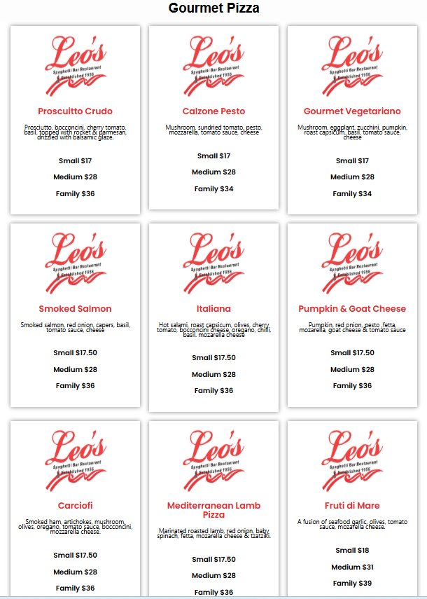 Menu, Leo's Spaghetti Bar