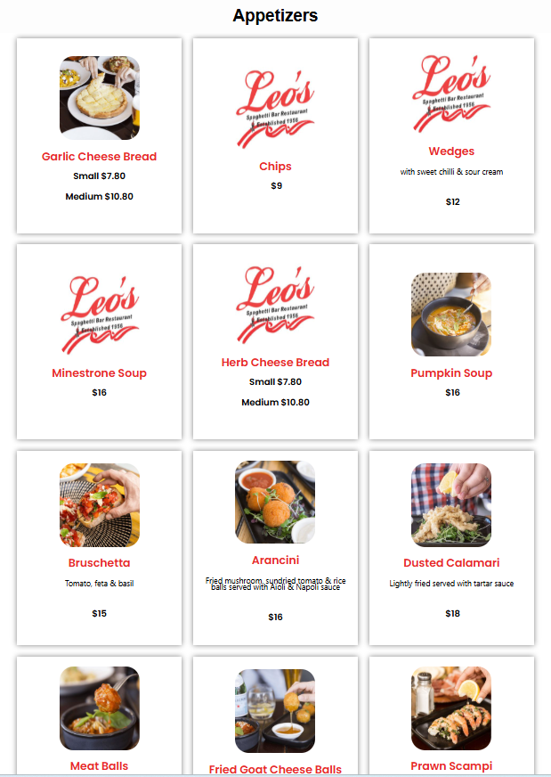 Menu, Leo's Spaghetti Bar