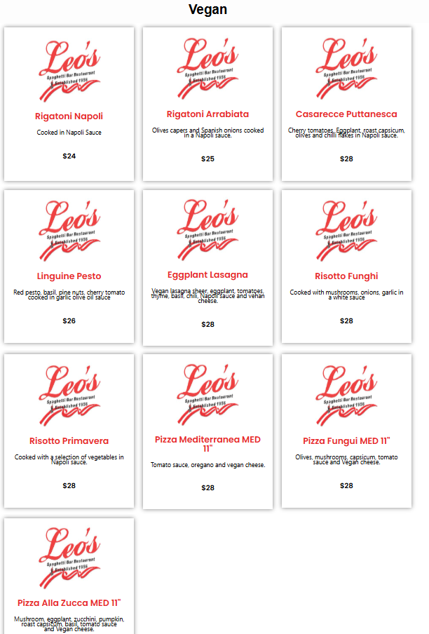 Menu, Leo's Spaghetti Bar