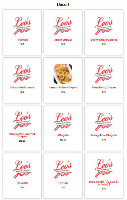 Menu, Leo's Spaghetti Bar