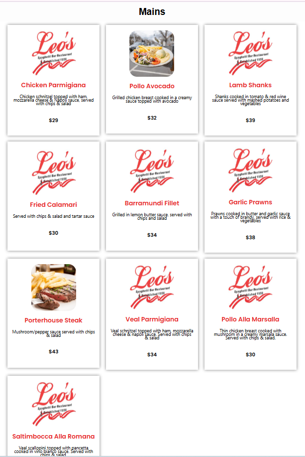 Menu, Leo's Spaghetti Bar
