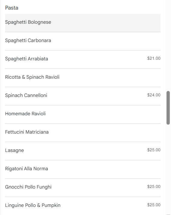 Menu, Leo's Spaghetti Bar