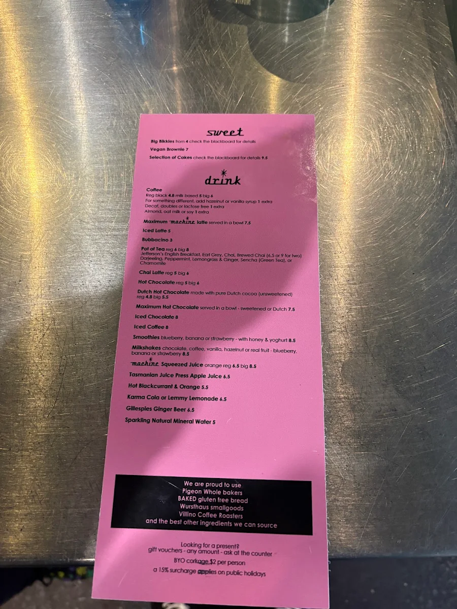 Menu, Machine Laundry Cafe