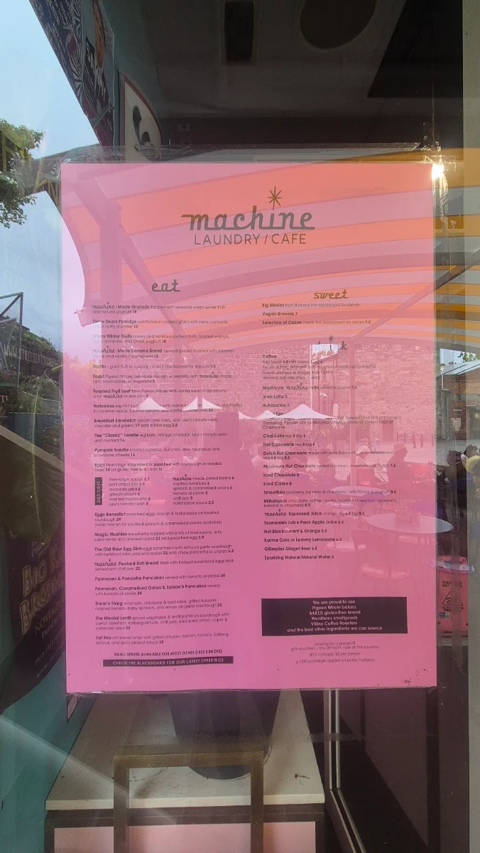 Menu, Machine Laundry Cafe
