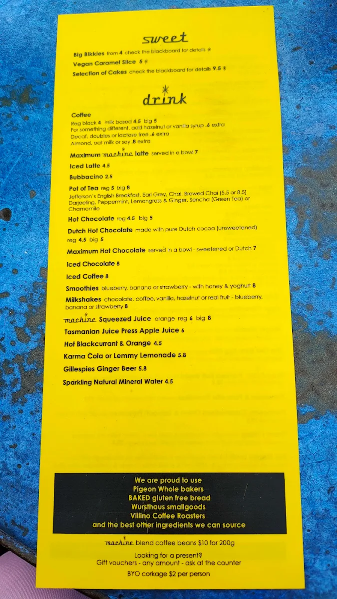 Menu, Machine Laundry Cafe
