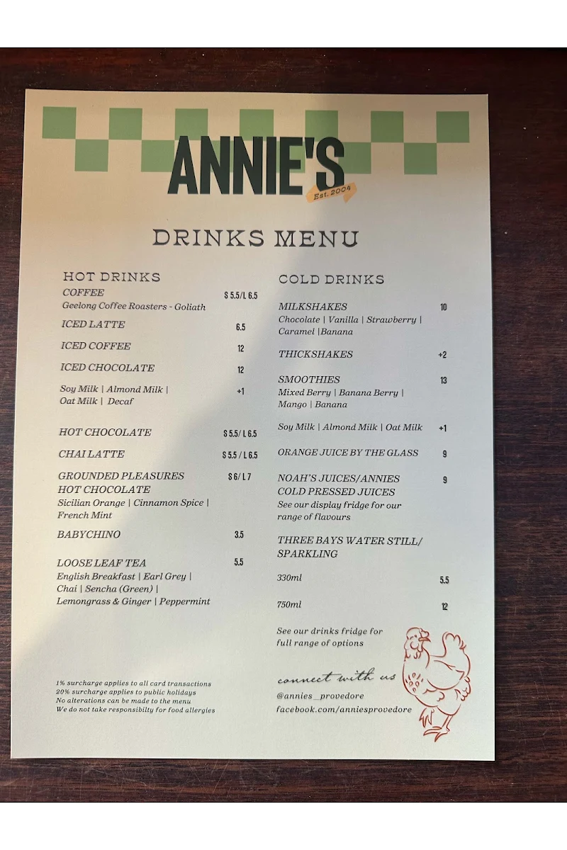 Menu, Annie's Provedore & Produce Store