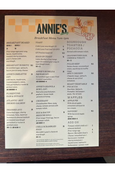 Menu, Annie's Provedore & Produce Store