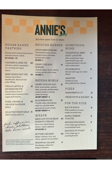Menu, Annie's Provedore & Produce Store