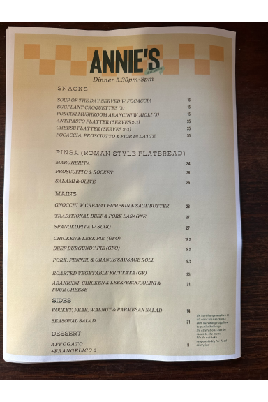 Menu, Annie's Provedore & Produce Store