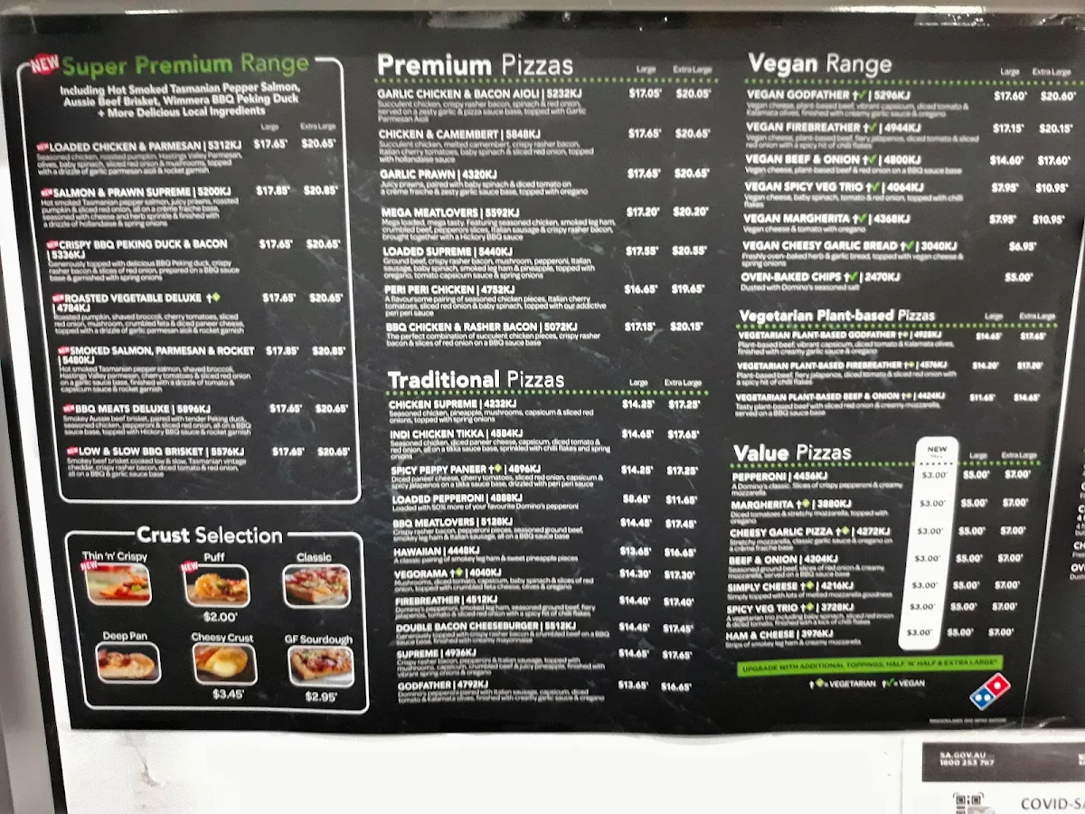 Menu, Domino's Pizza Mawson Lakes