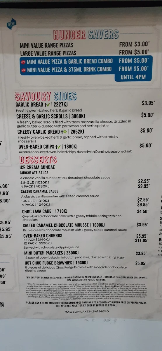 Menu, Domino's Pizza Mawson Lakes