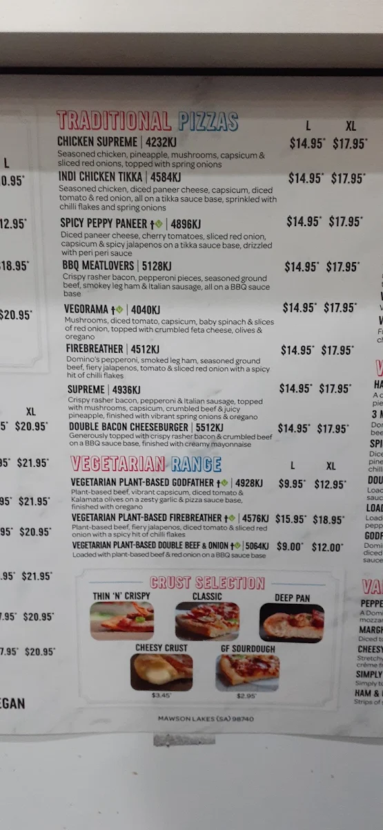 Menu, Domino's Pizza Mawson Lakes