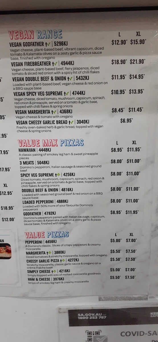 Menu, Domino's Pizza Mawson Lakes