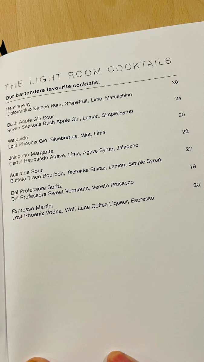 Menu, The Light Room at ILA