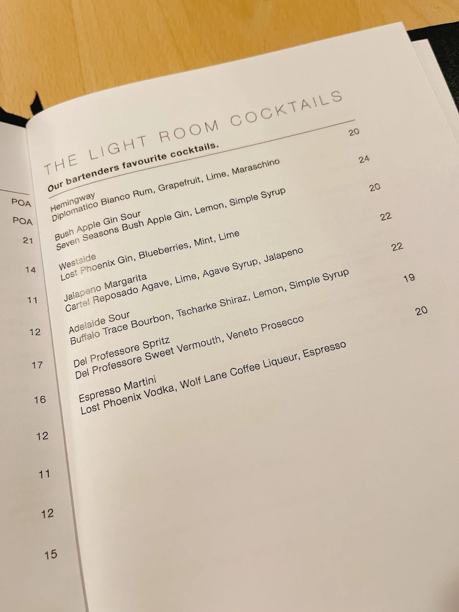 Menu, The Light Room at ILA
