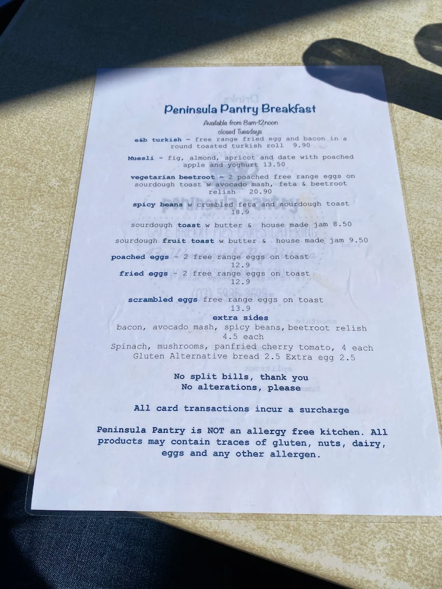 Menu, Peninsula Pantry