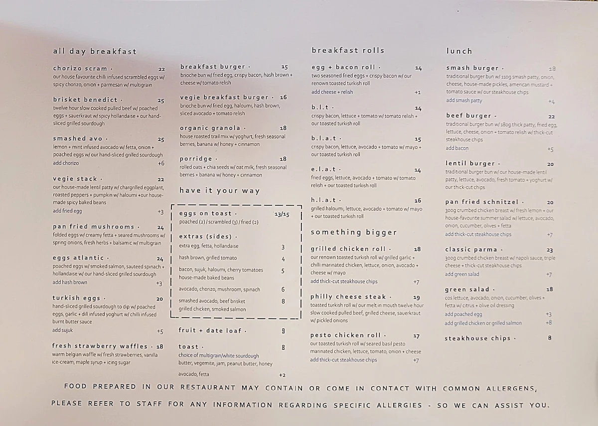 Menu, Sorrento Cafè Brunswick
