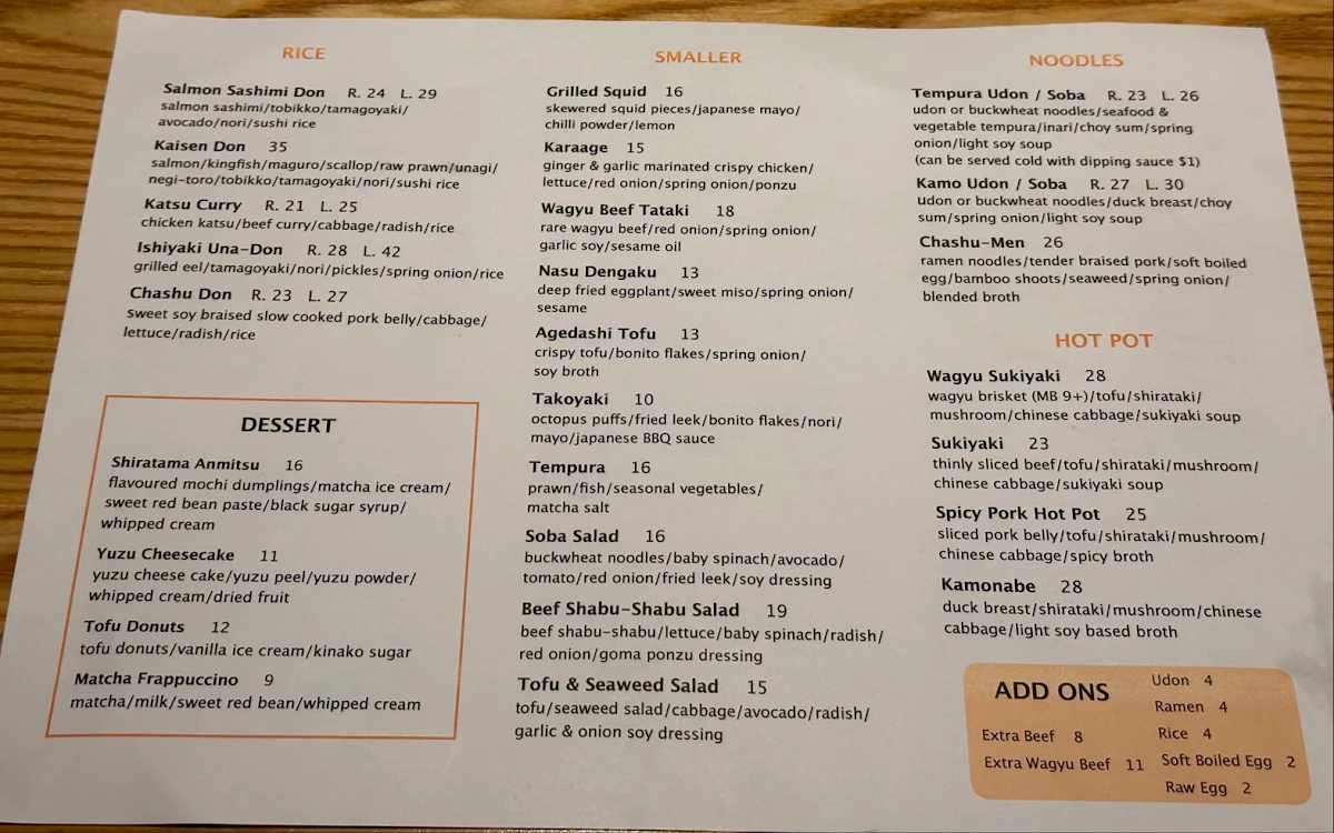 Menu, Wasai Japanese Kitchen