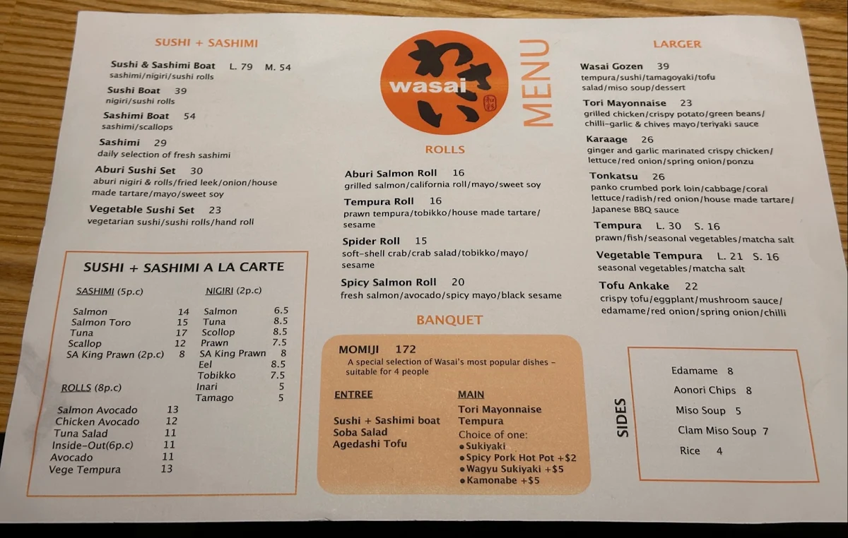 Menu, Wasai Japanese Kitchen