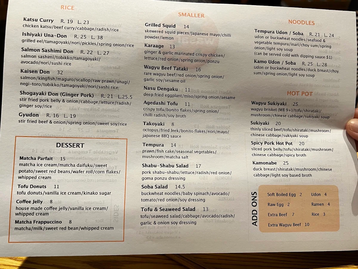 Menu, Wasai Japanese Kitchen