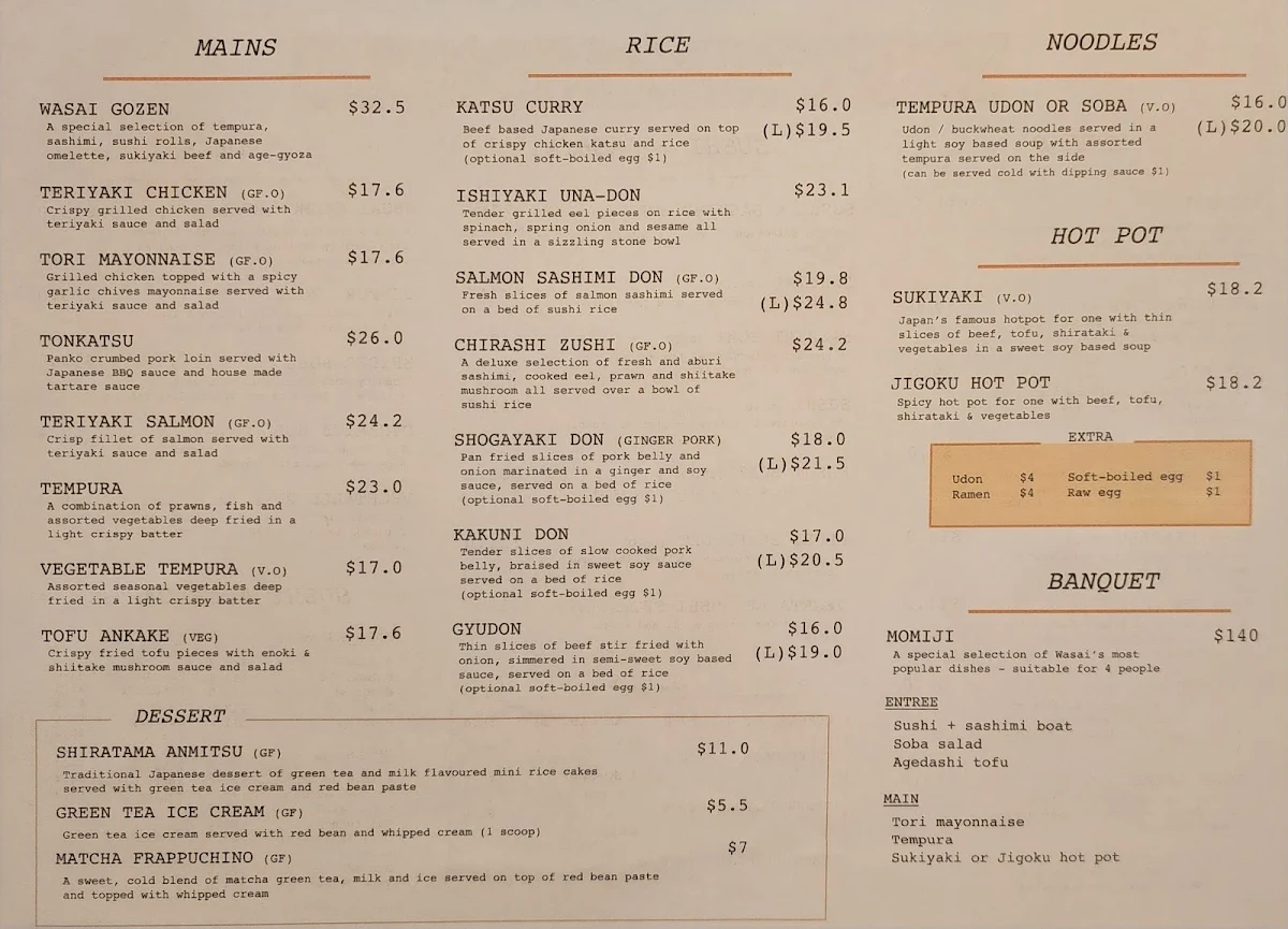 Menu, Wasai Japanese Kitchen