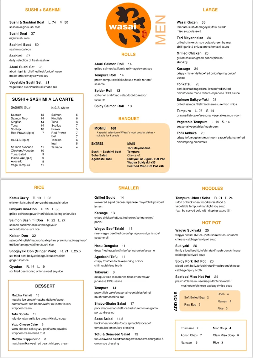 Menu, Wasai Japanese Kitchen