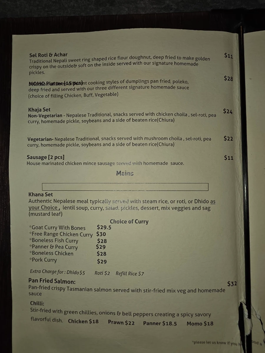 Menu, Chulo Nepalese Perth