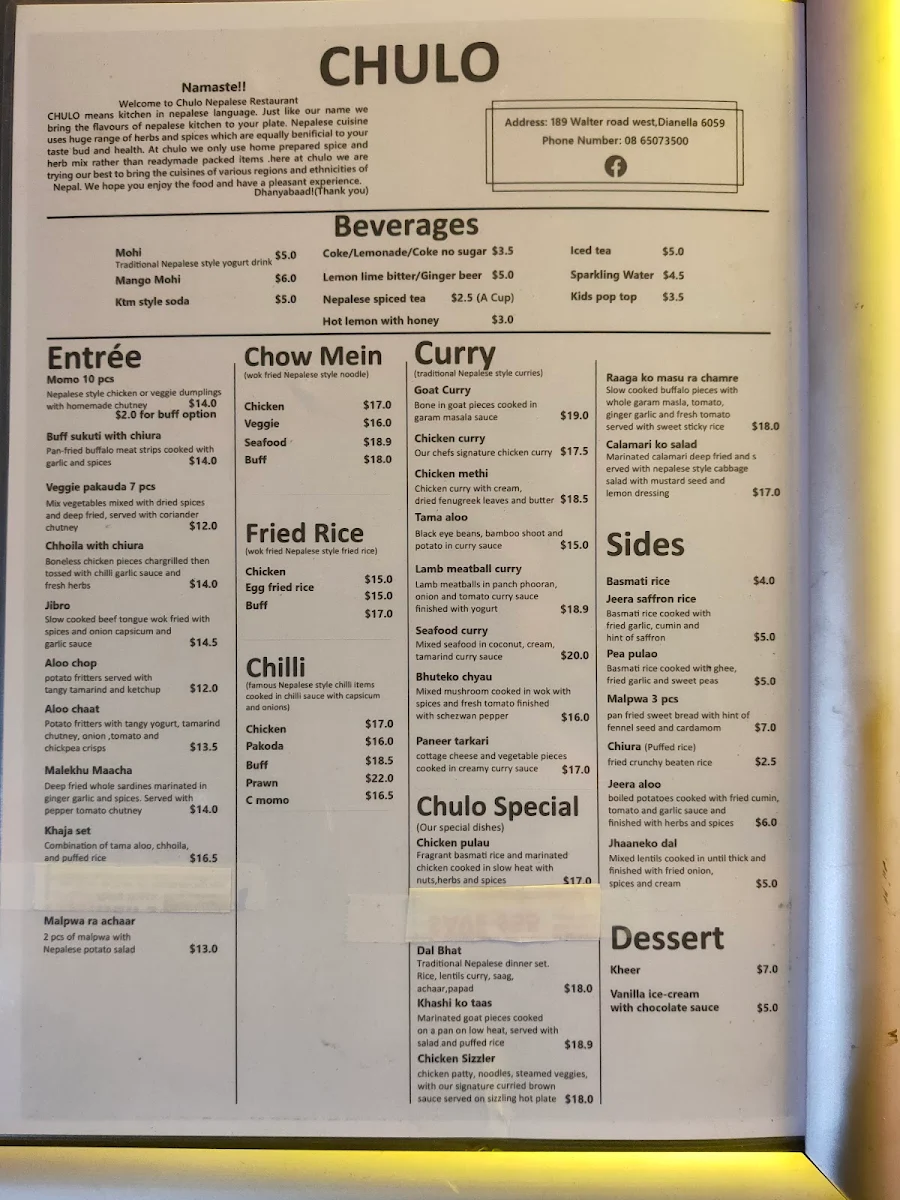 Menu, Chulo Nepalese Perth
