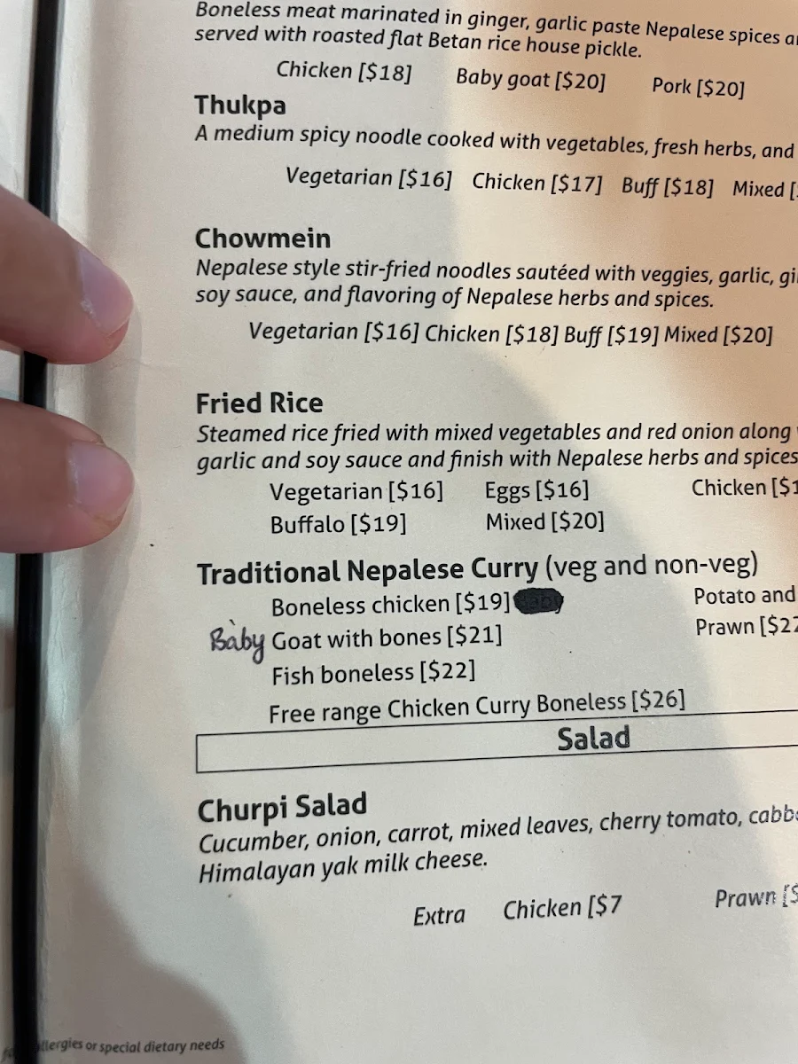 Menu, Chulo Nepalese Perth