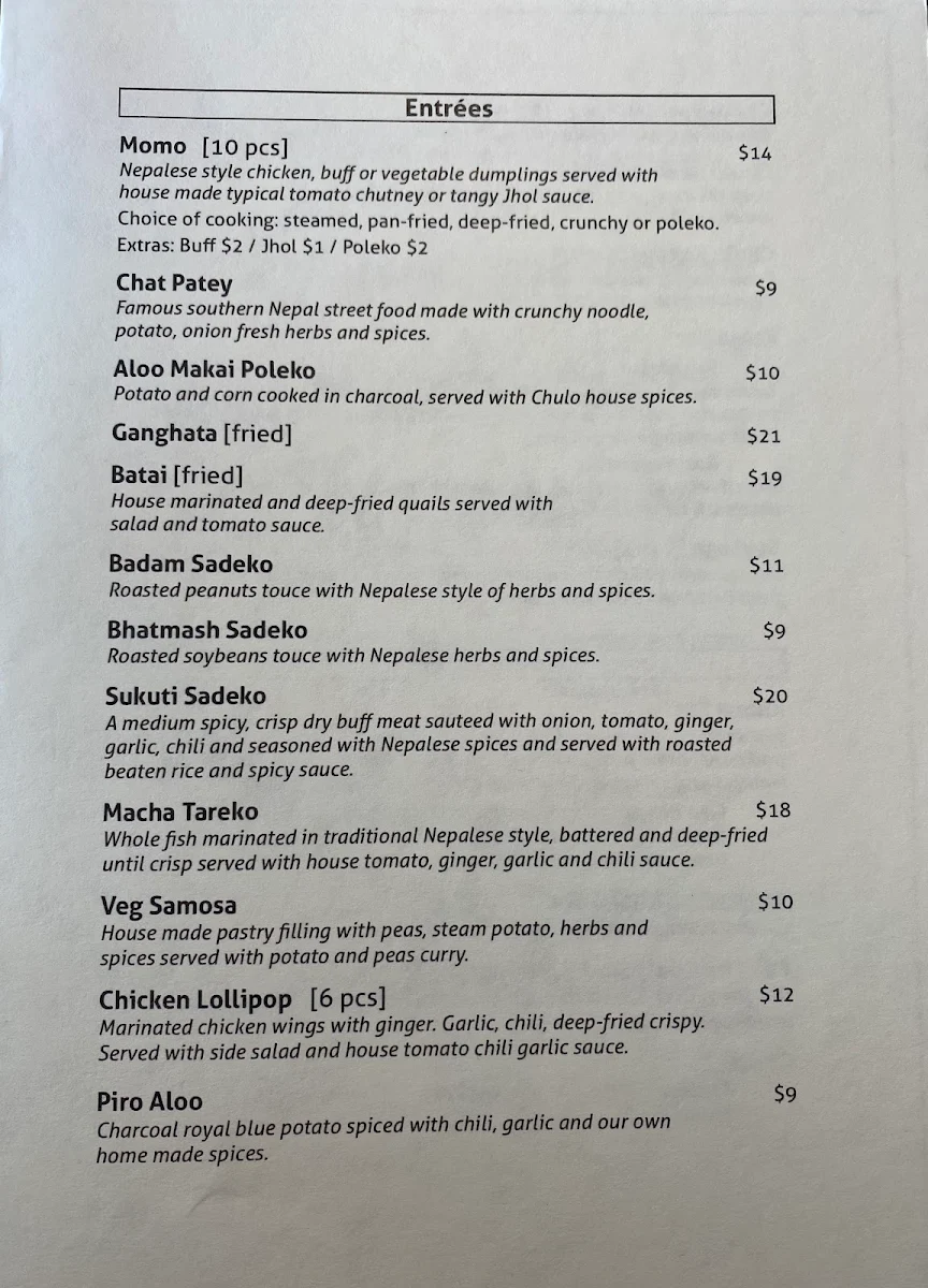 Menu, Chulo Nepalese Perth