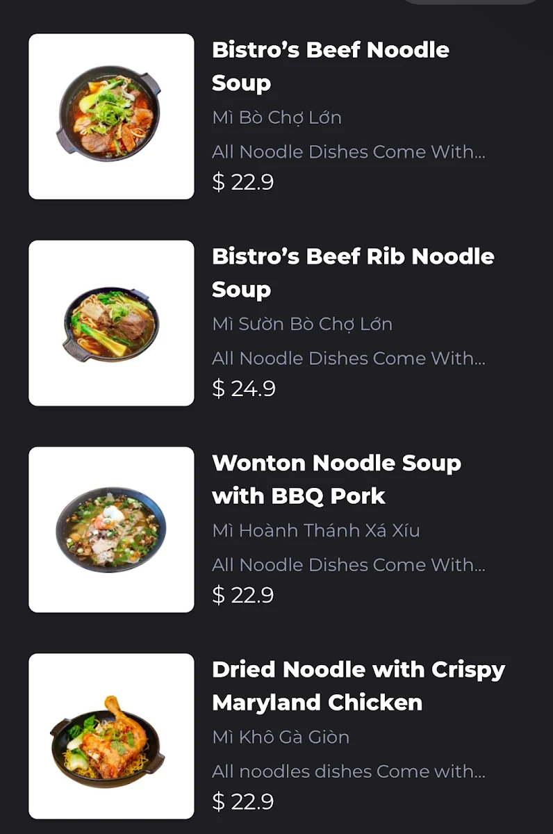 Menu, Chảo's Bistro - Chinatown