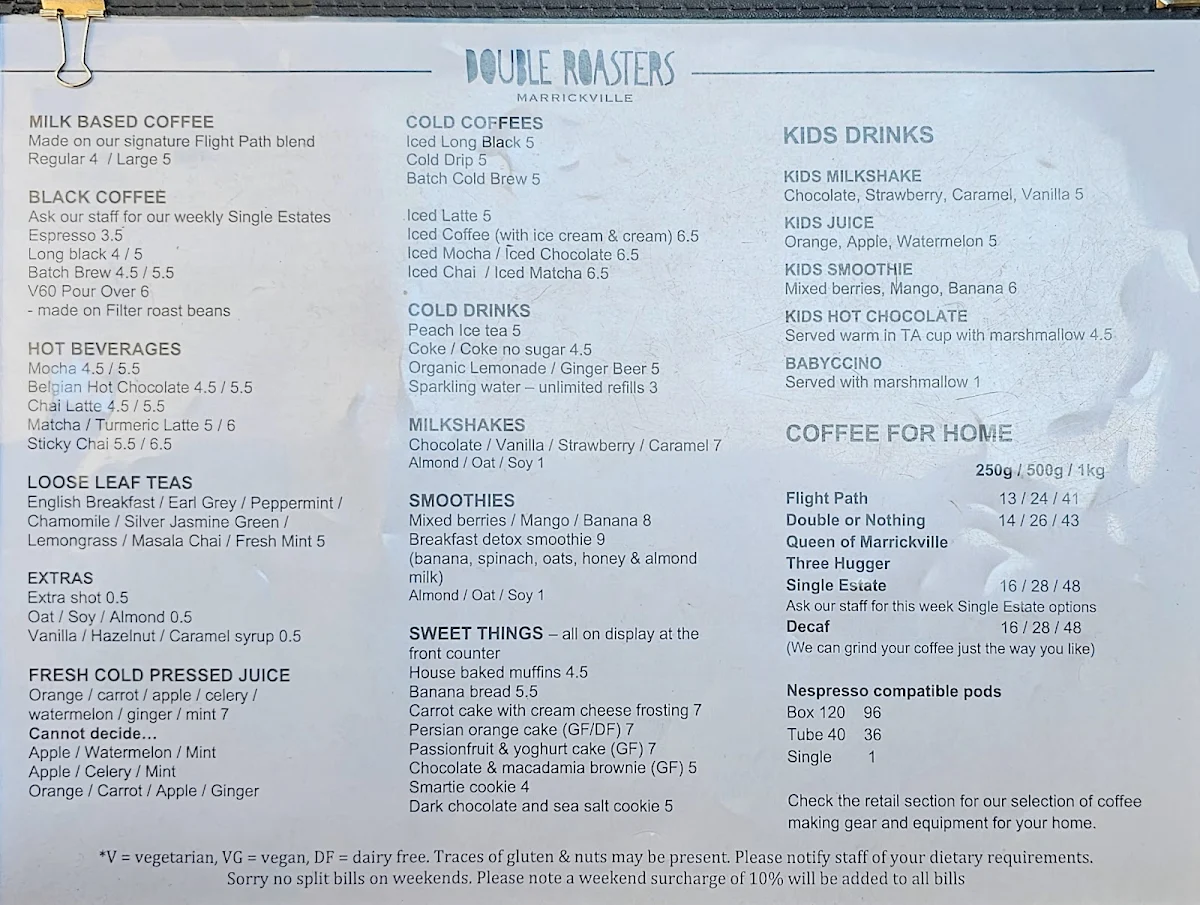 Menu, Double Roasters Cafe