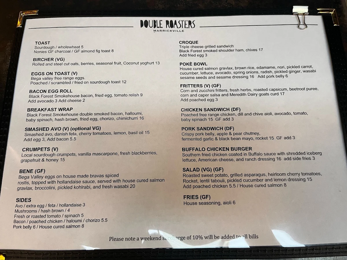 Menu, Double Roasters Cafe