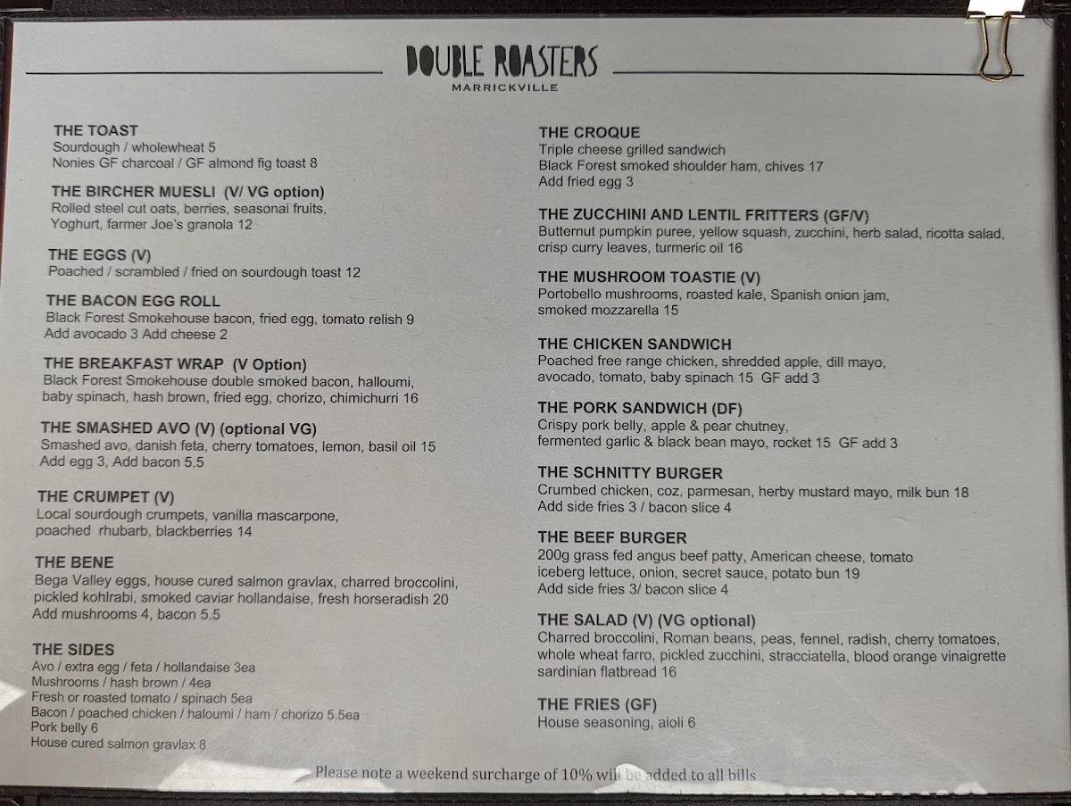 Menu, Double Roasters Cafe