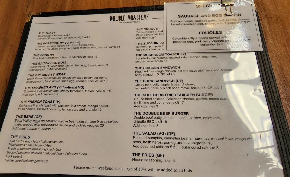 Menu, Double Roasters Cafe