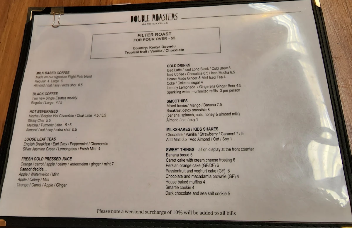 Menu, Double Roasters Cafe