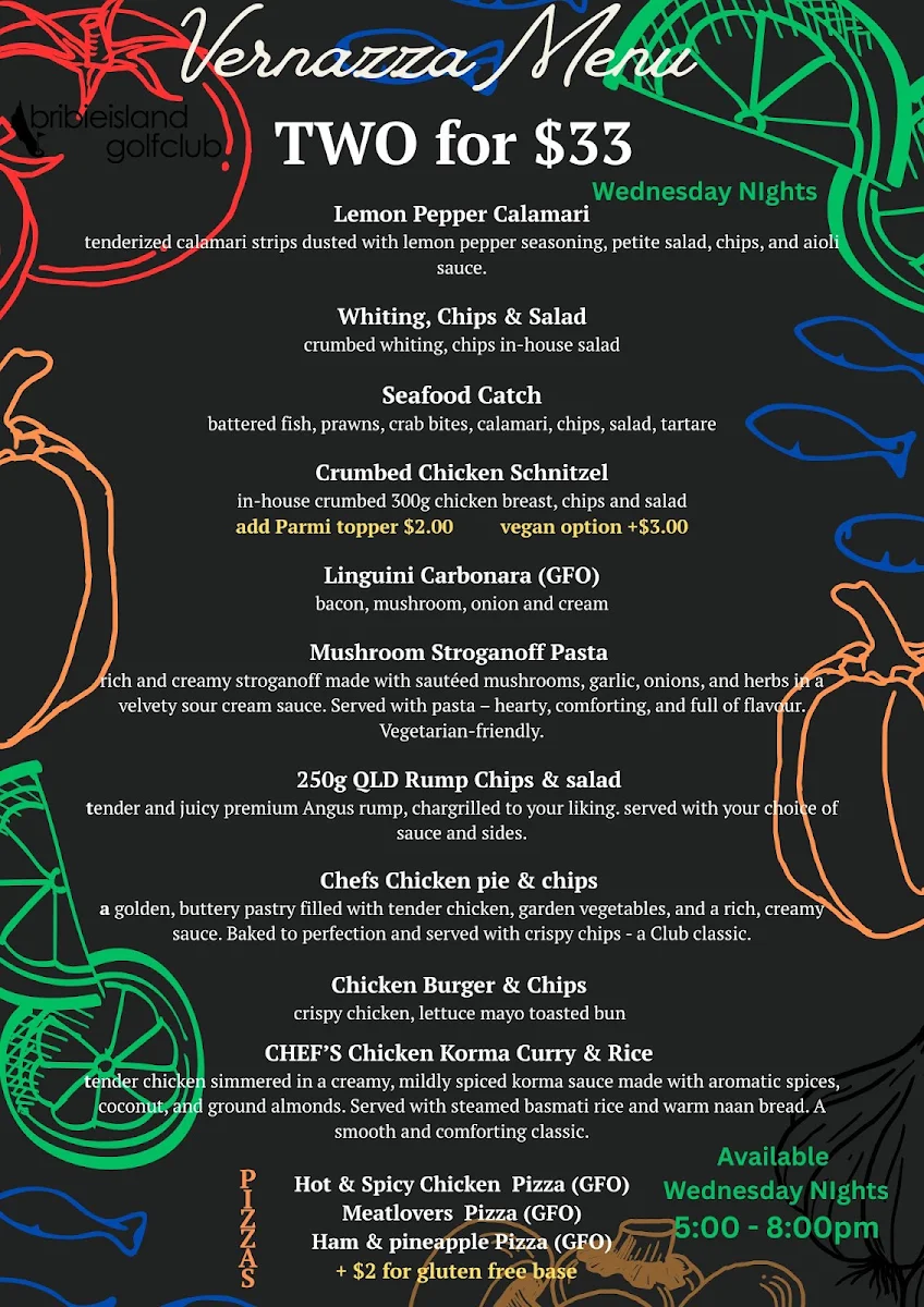 Menu, Bribie Island Golf Club Restaurant