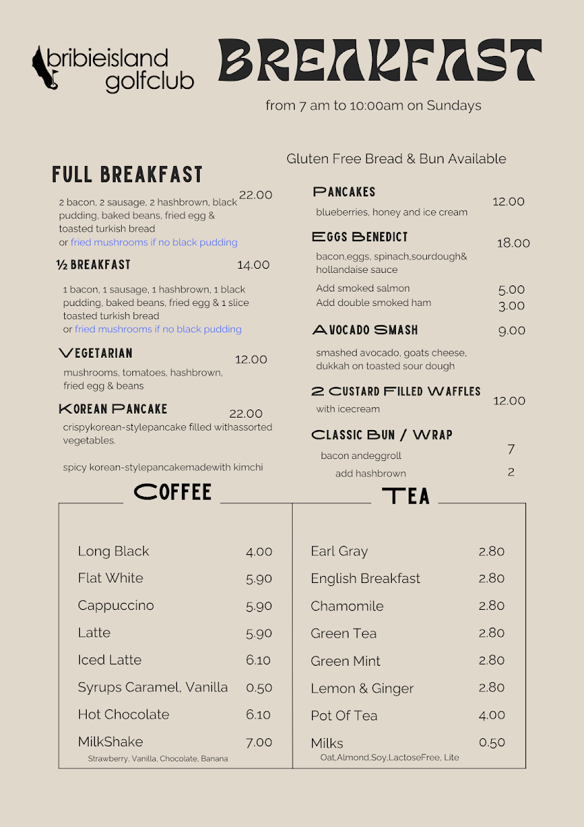 Menu, Bribie Island Golf Club Restaurant