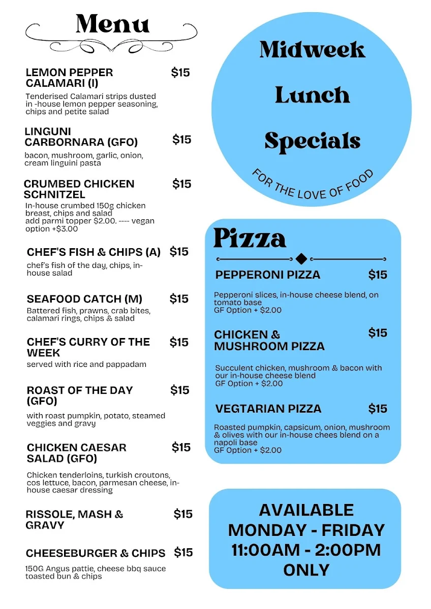Menu, Bribie Island Golf Club Restaurant