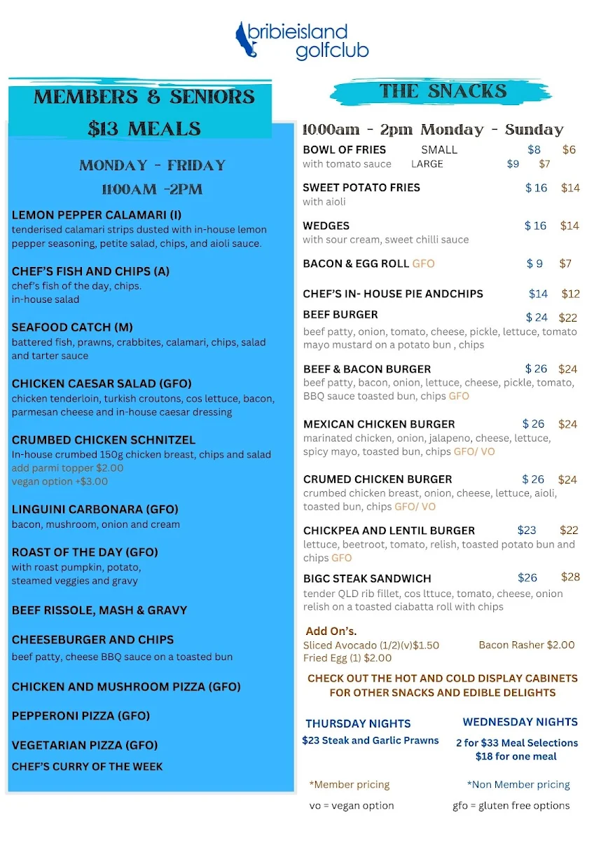 Menu, Bribie Island Golf Club Restaurant