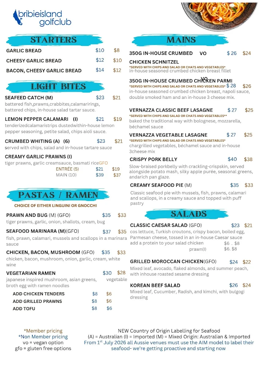 Menu, Bribie Island Golf Club Restaurant