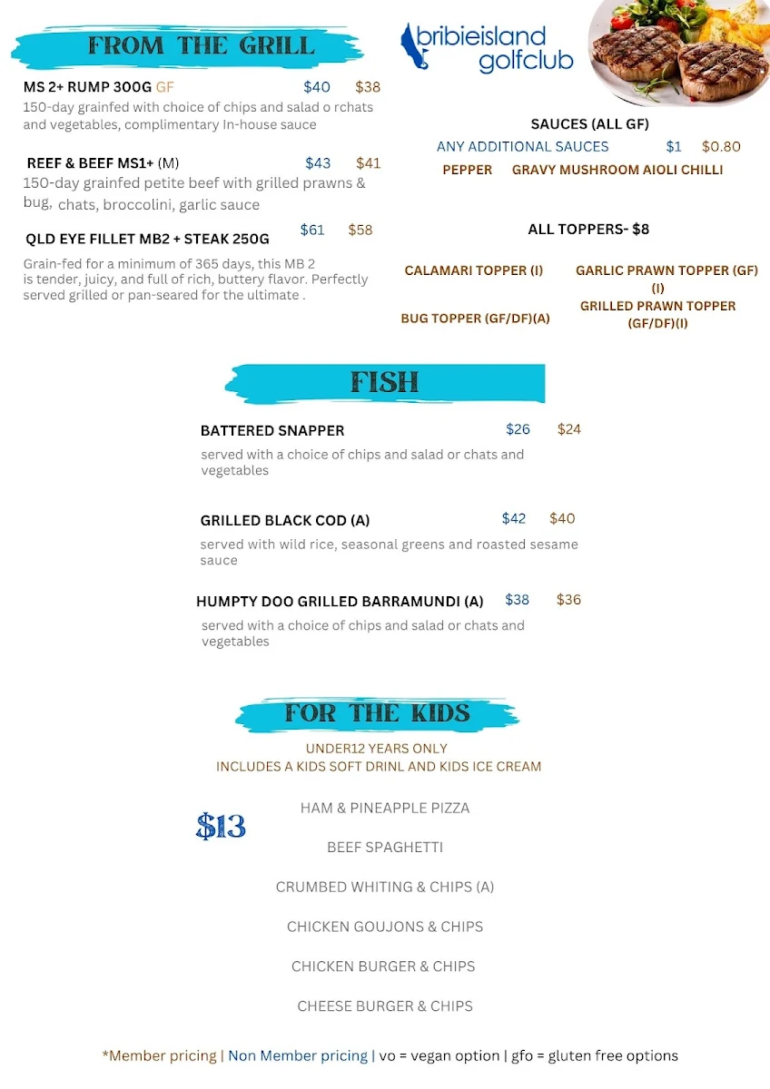 Menu, Bribie Island Golf Club Restaurant