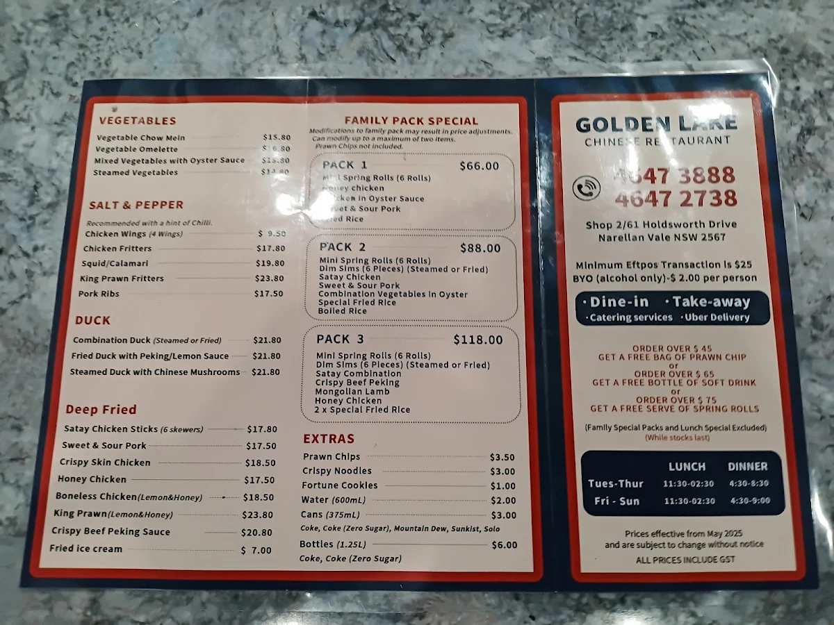 Menu, Golden Lake Chinese Restaurant Narellan