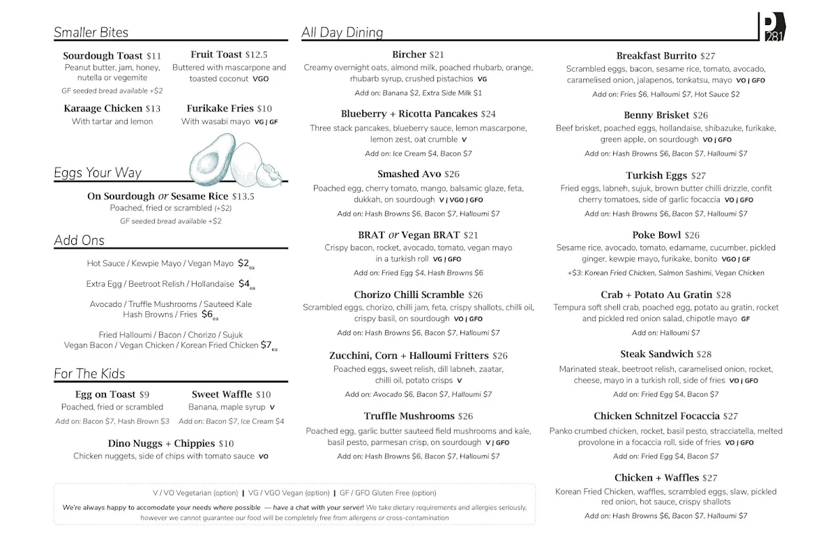 Menu, Project 281 Coffee Roasters