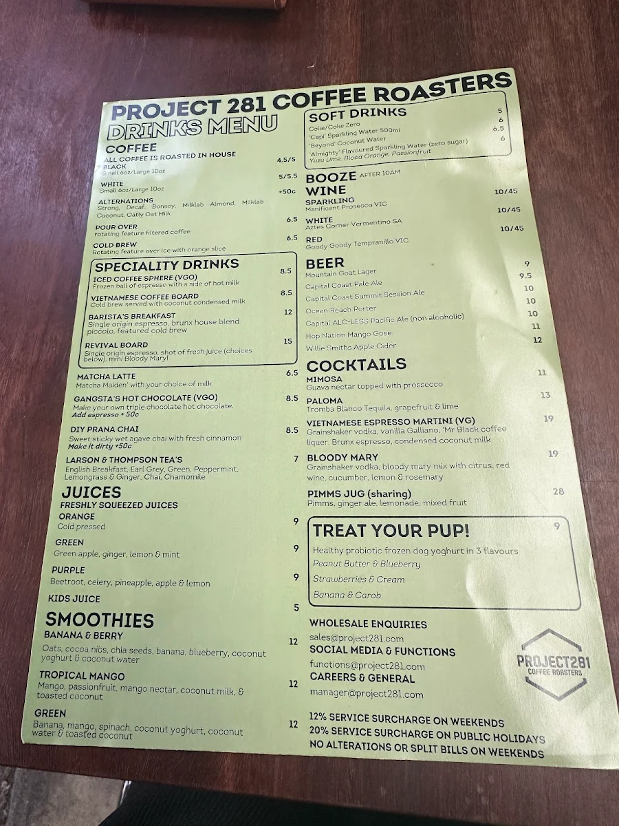 Menu, Project 281 Coffee Roasters
