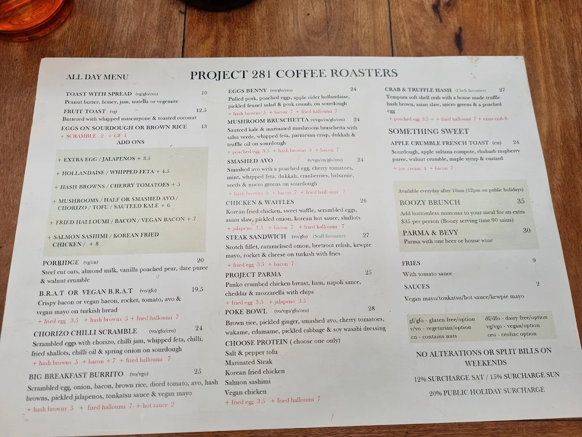 Menu, Project 281 Coffee Roasters