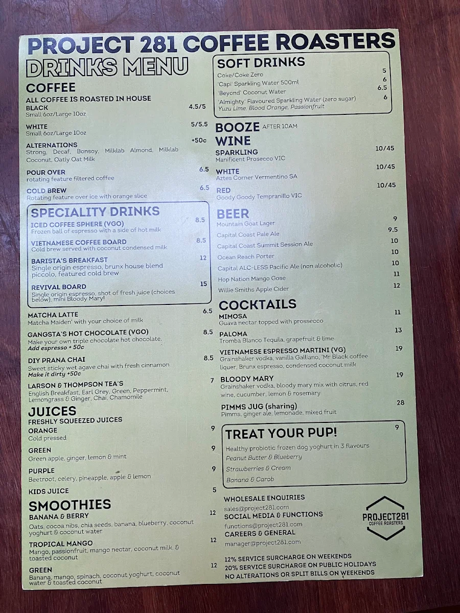 Menu, Project 281 Coffee Roasters