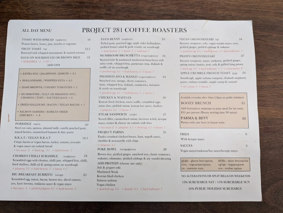 Menu, Project 281 Coffee Roasters