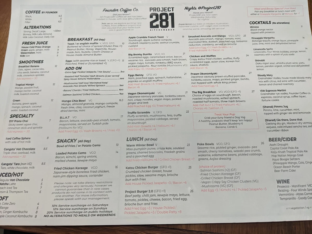 Menu, Project 281 Coffee Roasters